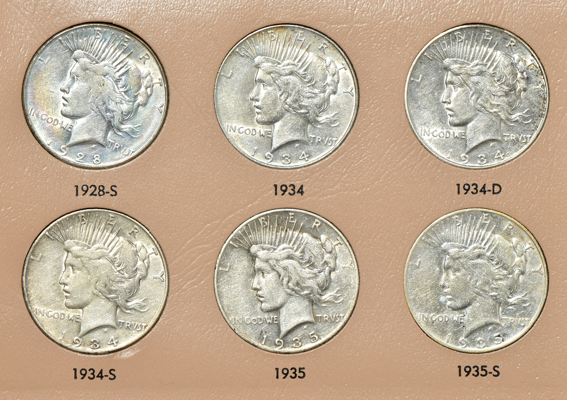 Complete collection of Peace silver dollars in a Dansco 7175 album
