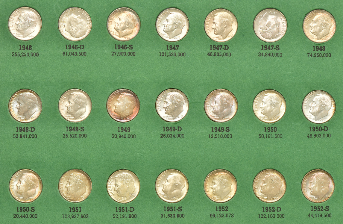 Collections of Roosevelt dimes and Franklin half-dollars