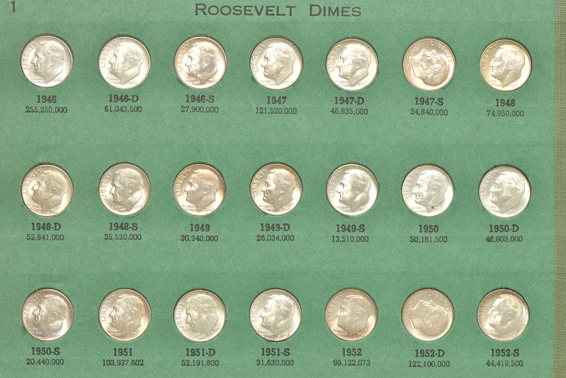 Collections of Roosevelt dimes and Franklin half-dollars