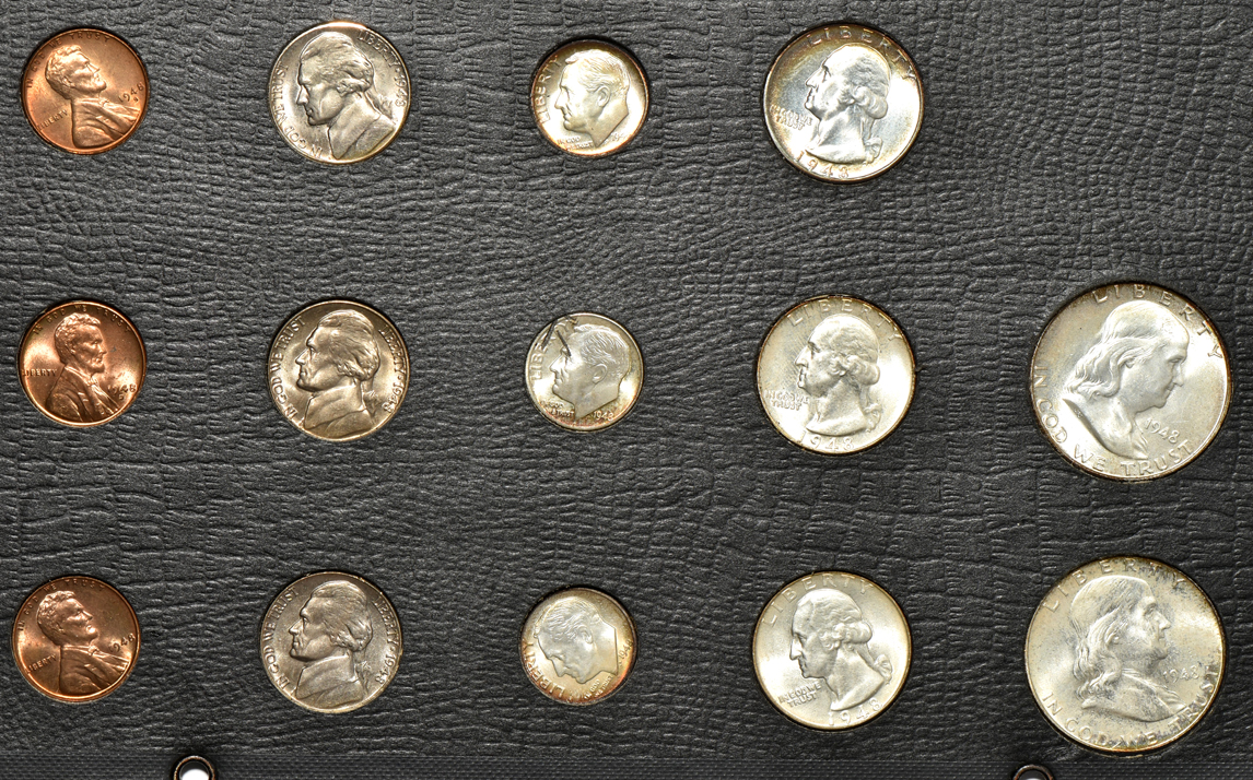 Three 1948 year sets, one 1949 year set, and three 1953 year sets, all in pages