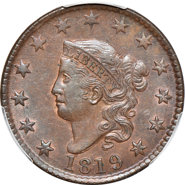 1819/8 Large Date, and an 1837 Head of 1838, both PCGS AU-58