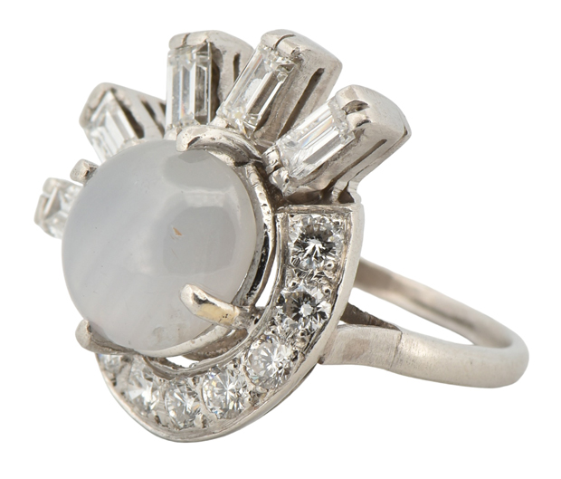 Platinum Diamond Ring with an Oval Cabochon Star Sapphire, SGL #230517F-SJ