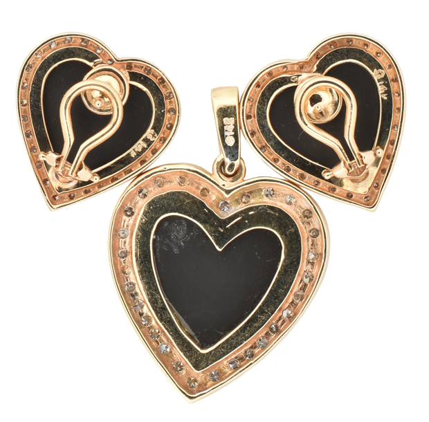 14K Yellow Gold Onyx and Diamond Pendant and Earring Set 