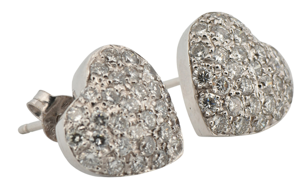 14K White Gold Diamond Heart Earrings