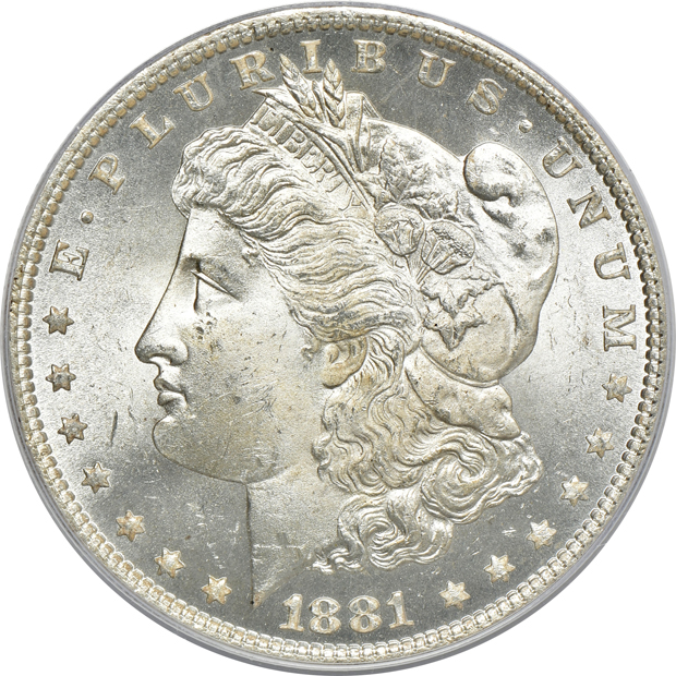 1881-O MS-64, 1884-O MS-63, and 1889-S MS-63, all PCGS CAC