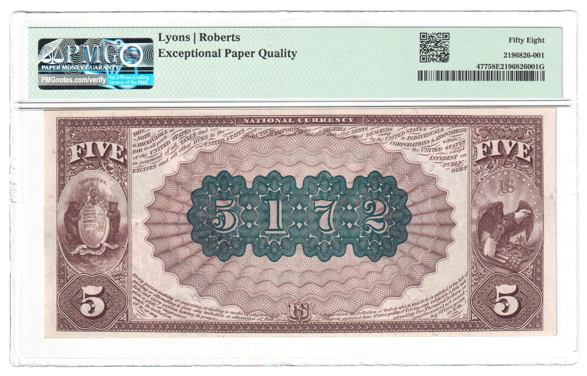 1882 $5 Brown Back - St. Louis, MO Charter #5172 - PMG AU-58/EPQ
