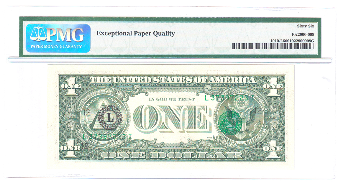 Error Currency - 1977-A $1 San Francisco Federal Reserve Note Third Print on Back Fr# 1910-L - PMG GemCU-66 EPQ