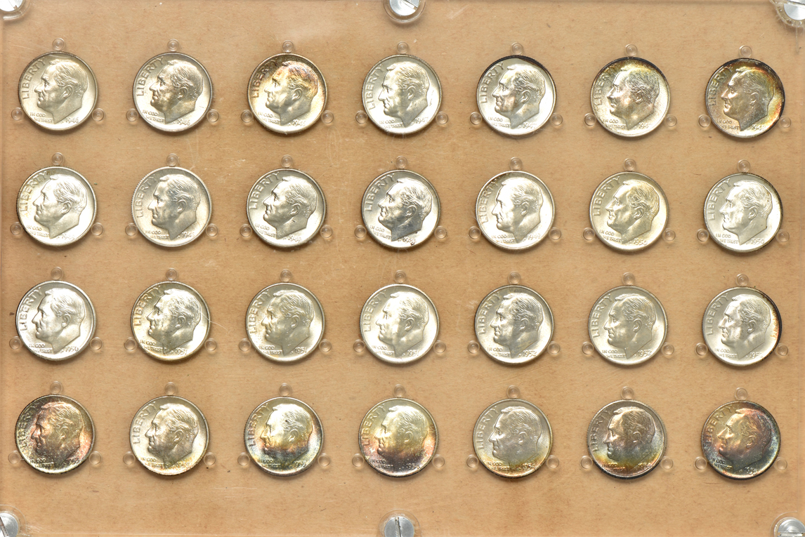 Three silver commemorative half-dollars, 1952 through 1960 Proof Sets, Roosevelt dimes, and Jefferson nickels, all in retro plastic cases