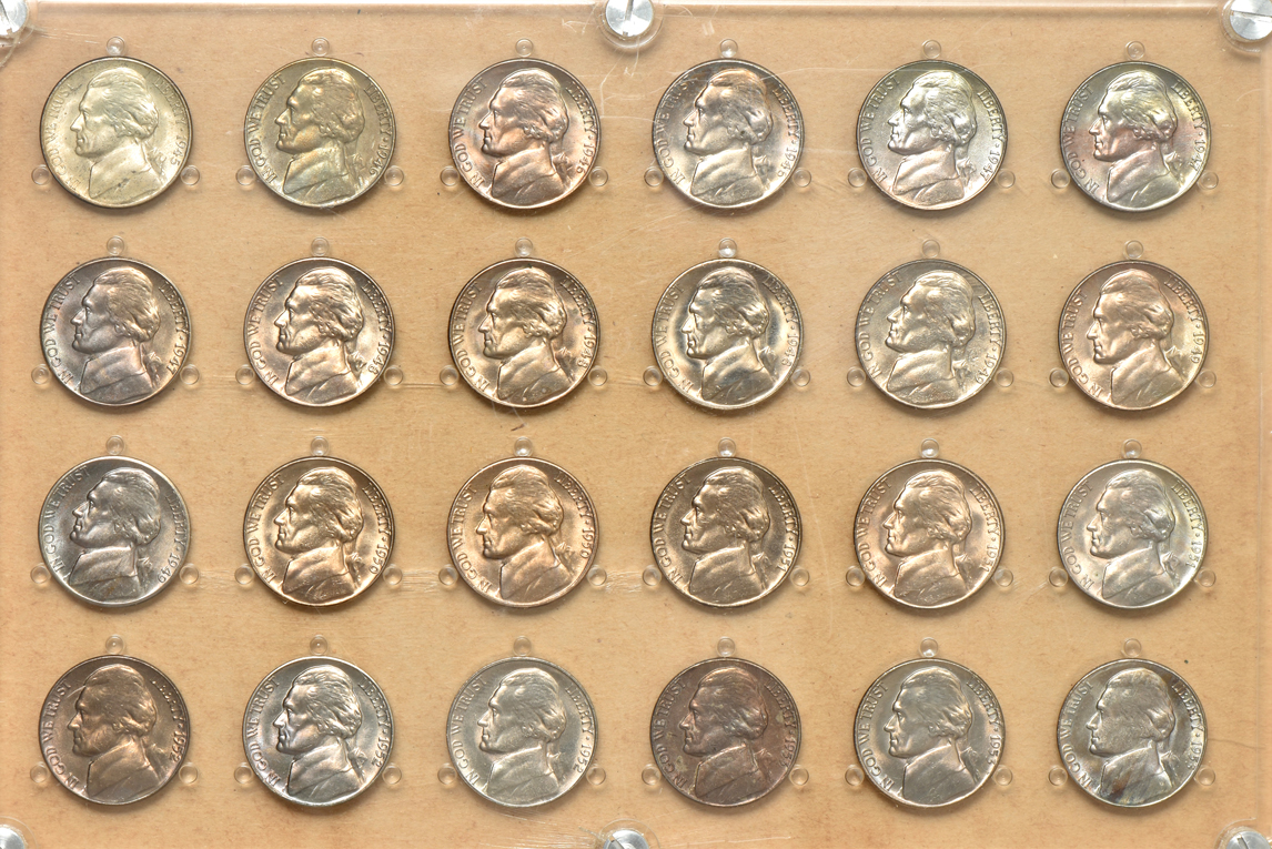 Three silver commemorative half-dollars, 1952 through 1960 Proof Sets, Roosevelt dimes, and Jefferson nickels, all in retro plastic cases