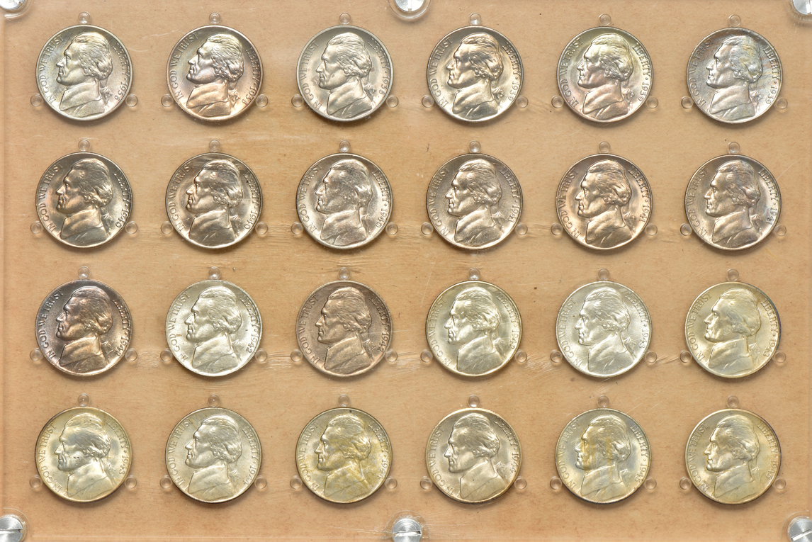 Three silver commemorative half-dollars, 1952 through 1960 Proof Sets, Roosevelt dimes, and Jefferson nickels, all in retro plastic cases
