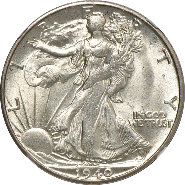 Five Uncirculated Walking Liberty half-dollars certified by NGC