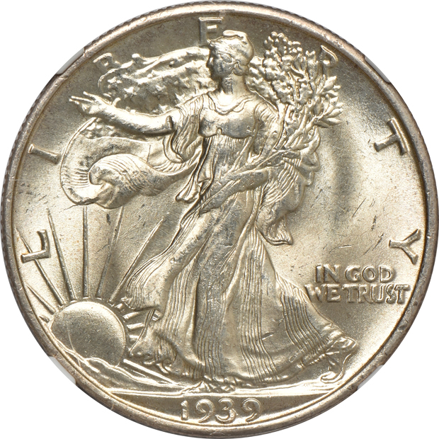 Five Uncirculated Walking Liberty half-dollars certified by NGC