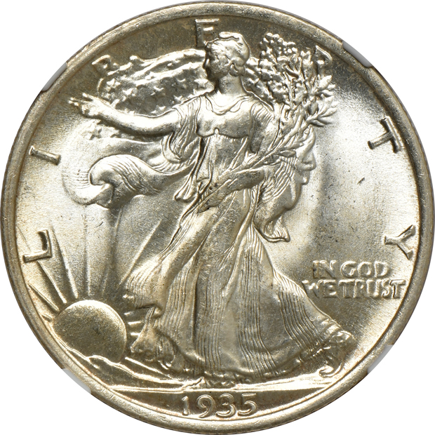 Five Uncirculated Walking Liberty half-dollars certified by NGC