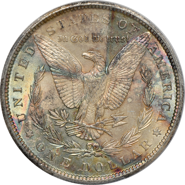 Four certified Uncirculated toned Morgan silver dollars, all PCGS CAC