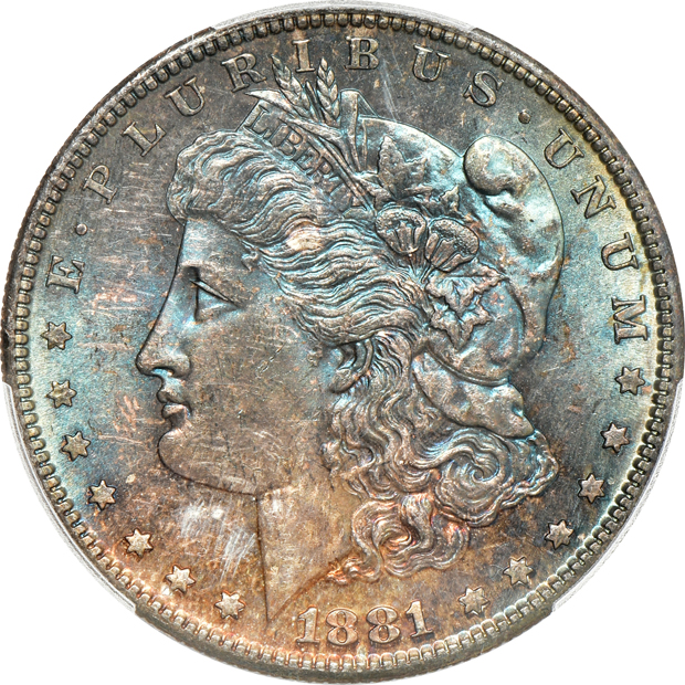 Four certified Uncirculated toned Morgan silver dollars, all PCGS CAC