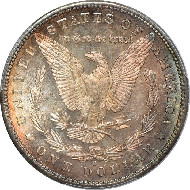 Four certified Uncirculated toned Morgan silver dollars, all PCGS CAC