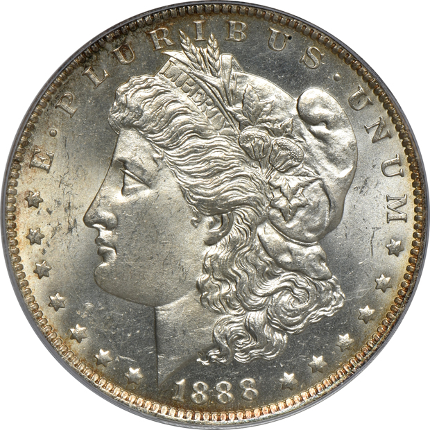 Four certified Uncirculated toned Morgan silver dollars, all PCGS CAC