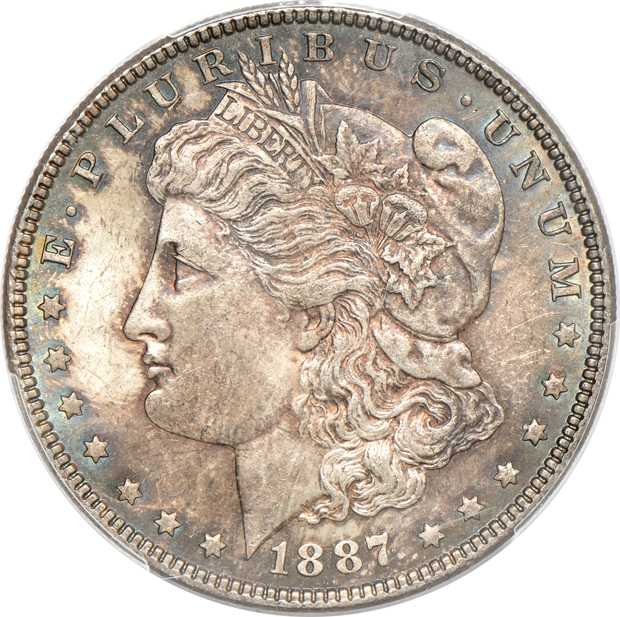 Four certified Uncirculated toned Morgan silver dollars, all PCGS CAC