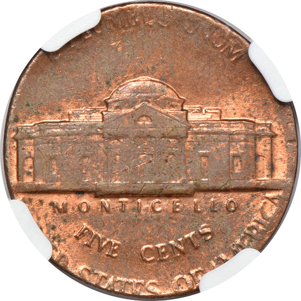 Pair of 1980-P Jefferson nickels struck on a cent blank, MS-63 RB and MS-64 RB, both NGC