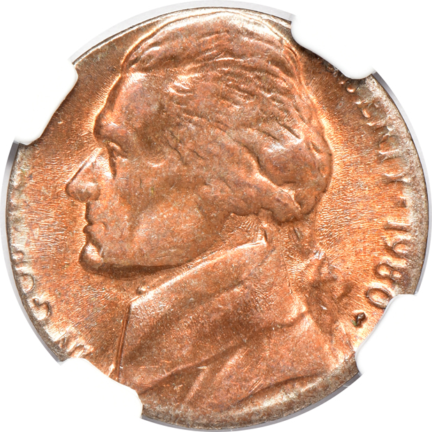 Pair of 1980-P Jefferson nickels struck on a cent blank, MS-63 RB and MS-64 RB, both NGC