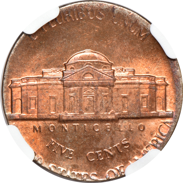 Pair of 1980-P Jefferson nickels struck on a cent blank, MS-63 RB and MS-64 RB, both NGC