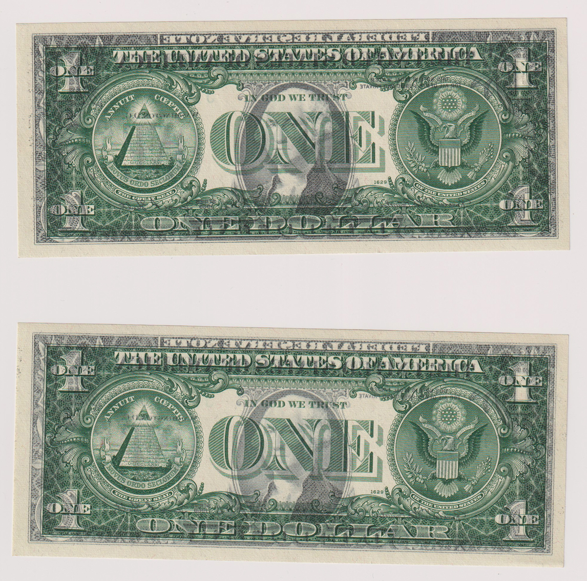 Error Currency - Run of three 1969-D $1 Kansas City Federal Reserve Notes Full Face To Back Offset error Fr# 1907-J - ChCU