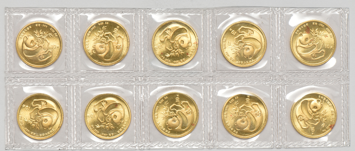China - Ten 1984 1/10oz gold Panda 10 yuan - uncut sheet