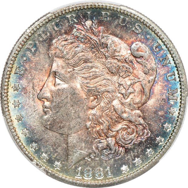 Five Uncirculated Morgans silver dollars certified by PCGS