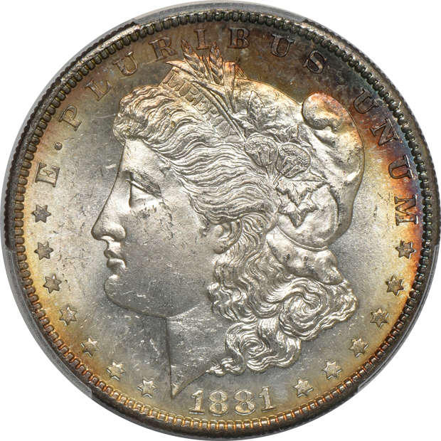 Five Uncirculated Morgans silver dollars certified by PCGS