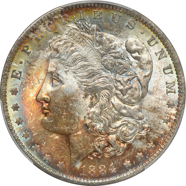 Five Uncirculated Morgans silver dollars certified by PCGS