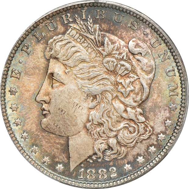 Five Uncirculated Morgans silver dollars certified by PCGS