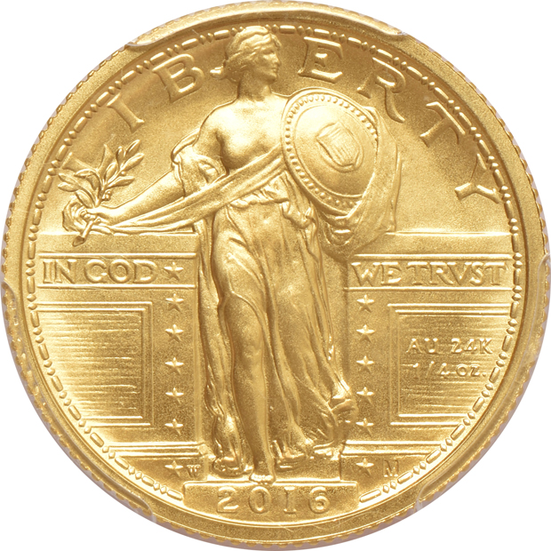 2016-W 100th Anniversary gold Mercury dimes, Standing Liberty quarter, and Walking Liberty half-dollar, all PCGS SP-70 FirstStrike