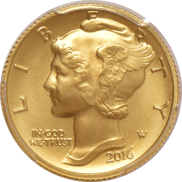 2016-W 100th Anniversary gold Mercury dimes, Standing Liberty quarter, and Walking Liberty half-dollar, all PCGS SP-70 FirstStrike