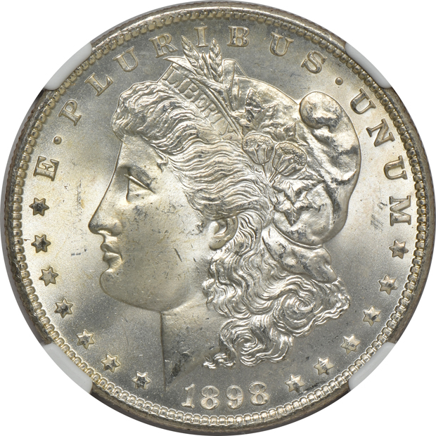 1898-O MS-65+, and two 1898-O MS-66, all NGC CAC