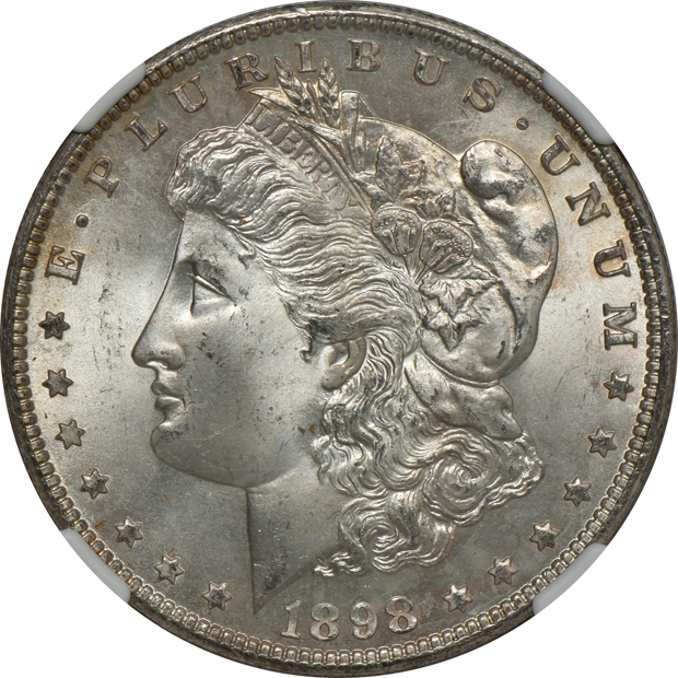 1898-O MS-65+, and two 1898-O MS-66, all NGC CAC