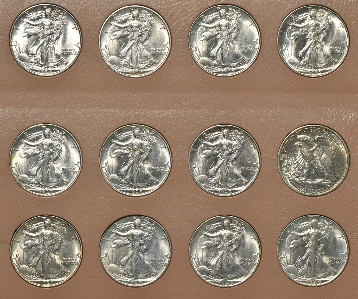 Group of 36 Walking Liberty half-dollars in a Dansco album