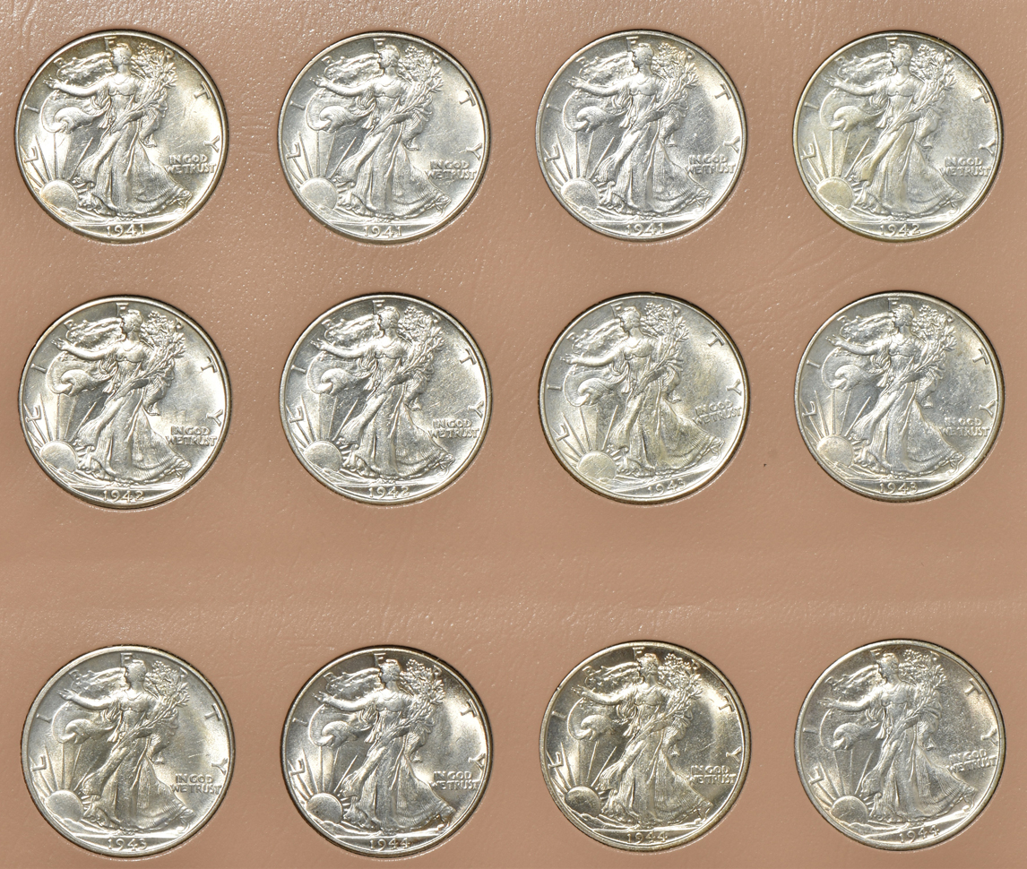 Group of 36 Walking Liberty half-dollars in a Dansco album