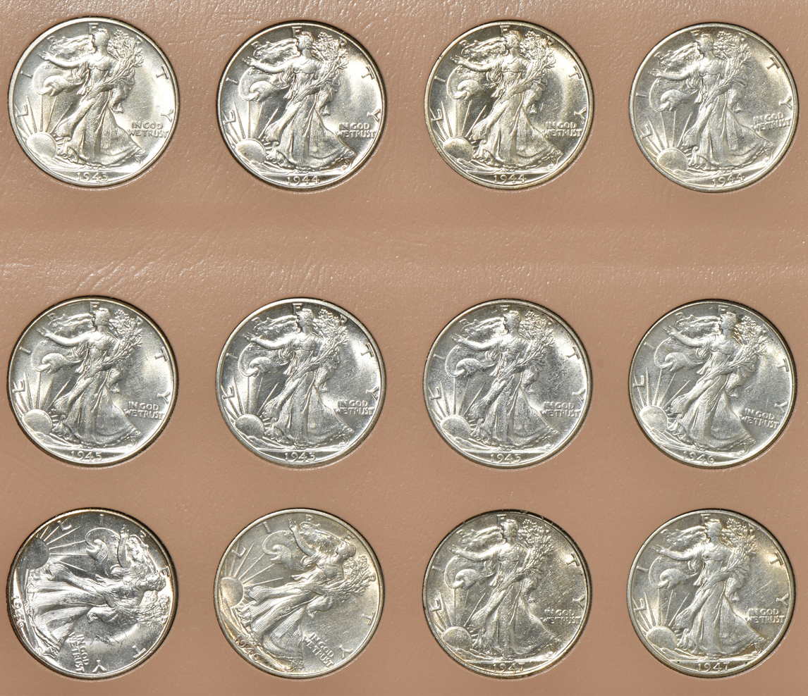 Group of 36 Walking Liberty half-dollars in a Dansco album