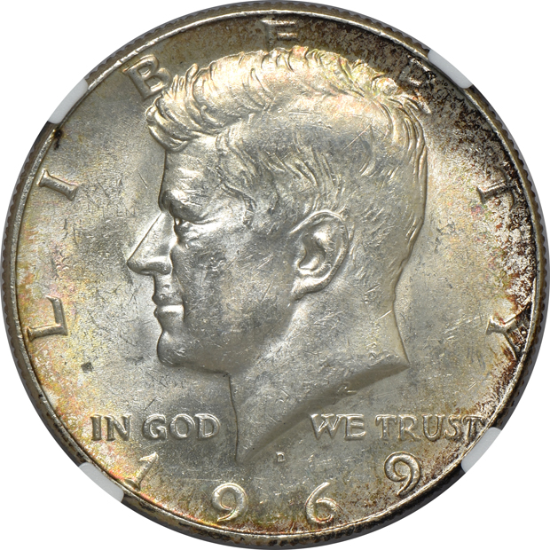 1953 Franklin half-dollar PR-67, 1965 SMS Kennedy half-dollar MS-62, and a 1969-D Kennedy half-dollar MS-62, all NGC