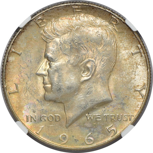 1953 Franklin half-dollar PR-67, 1965 SMS Kennedy half-dollar MS-62, and a 1969-D Kennedy half-dollar MS-62, all NGC