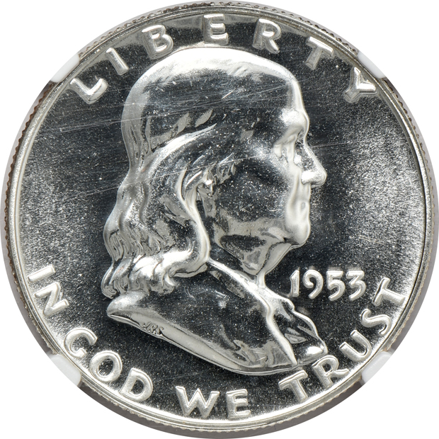 1953 Franklin half-dollar PR-67, 1965 SMS Kennedy half-dollar MS-62, and a 1969-D Kennedy half-dollar MS-62, all NGC