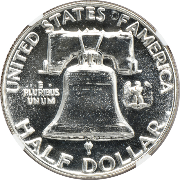 1953 Franklin half-dollar PR-67, 1965 SMS Kennedy half-dollar MS-62, and a 1969-D Kennedy half-dollar MS-62, all NGC