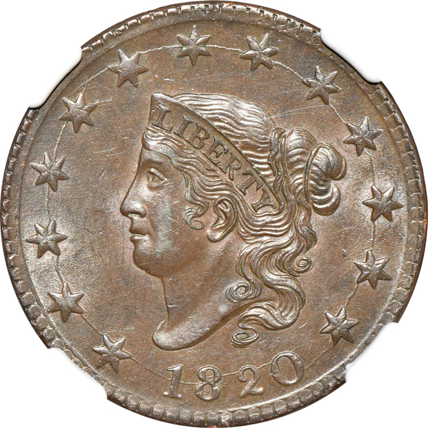1820 Large Date AU-58 BN, and an 1833 MS-61 BN, both NGC