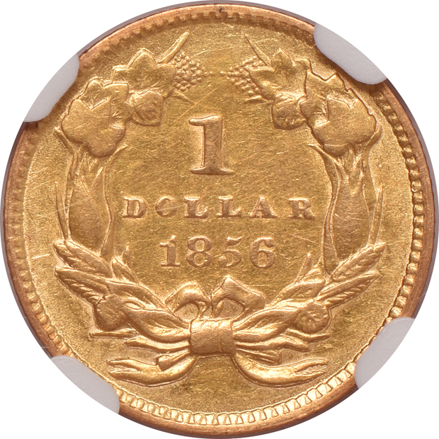 1854 Type 1 MS-63, and an 1856 Slanted 5 AU-53, both NGC