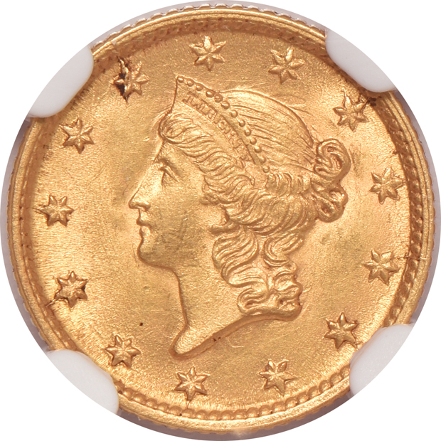1854 Type 1 MS-63, and an 1856 Slanted 5 AU-53, both NGC