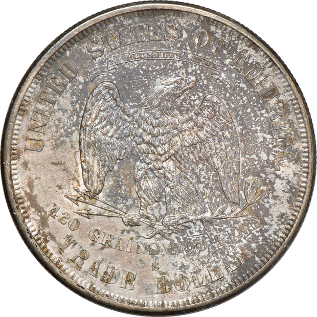 1818 cent, 1894-S Barber half-dollar, and an 1876-S Trade dollar, as described