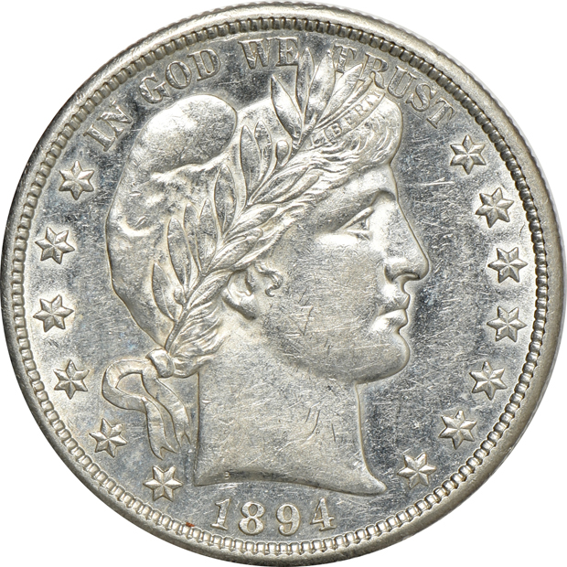 1818 cent, 1894-S Barber half-dollar, and an 1876-S Trade dollar, as described