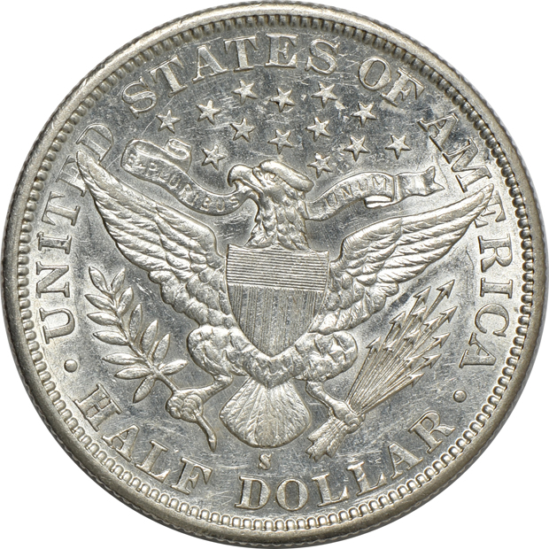 1818 cent, 1894-S Barber half-dollar, and an 1876-S Trade dollar, as described