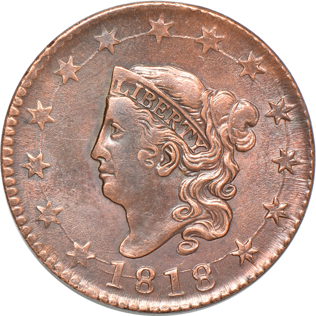 1818 cent, 1894-S Barber half-dollar, and an 1876-S Trade dollar, as described