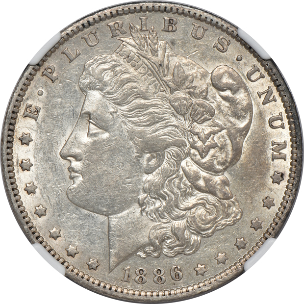 Five Morgan silver dollars certified by NGC